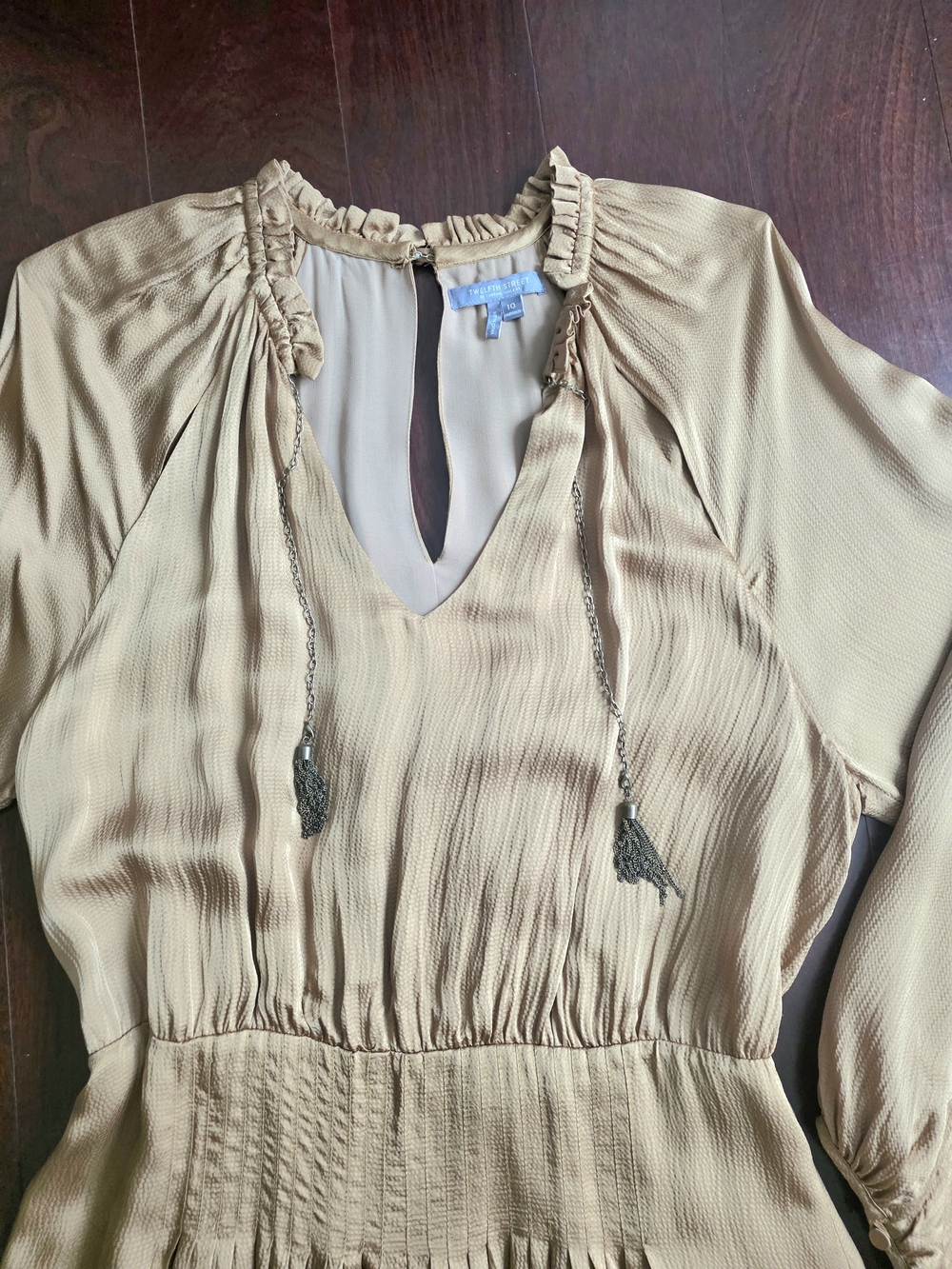 Twelfth Street by Cynthia Vincent Beige Long-Sleeve Drop Waist Dres with Tassels